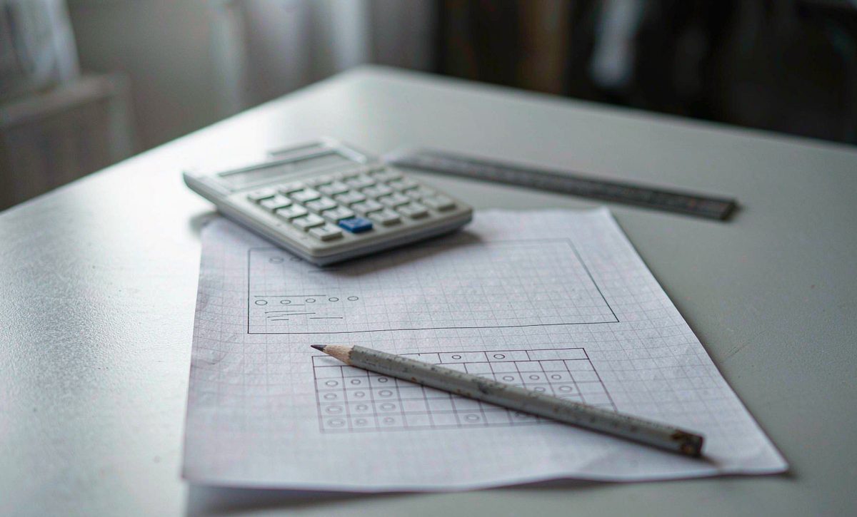 A printed worksheet of formulas, a desk calculator, a pencil and a steel ruler on a light grey desk
